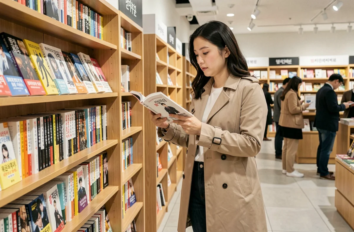 Femme parcourant des manhwas coréens dans une librairie moderne avec des étagères de webtoons