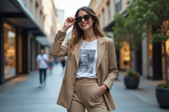 Femme élégante en ville ajustant ses lunettes