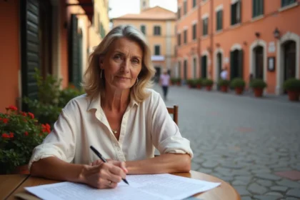Femme résolvant des mots croisés dans un café en Italie avec une vue sur une piazza typique