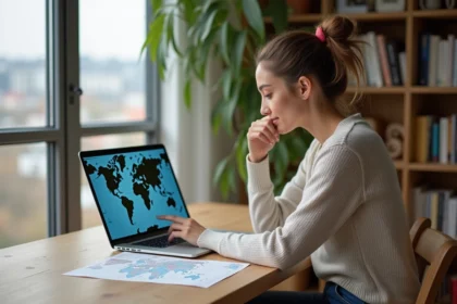Jeune femme examine une carte du monde interactive sur son ordinateur