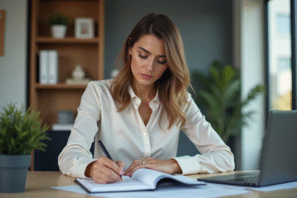 Femme en train d'écrire un programme d'événement à la main