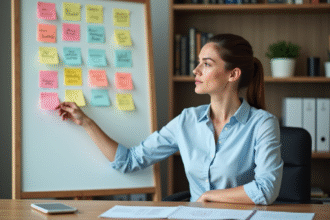 Femme en tenue professionnelle organisant des notes sur un tableau blanc