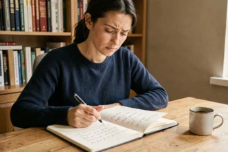 Femme réfléchissant à l'orthographe française en écrivant dans un carnet sur un bureau en bois