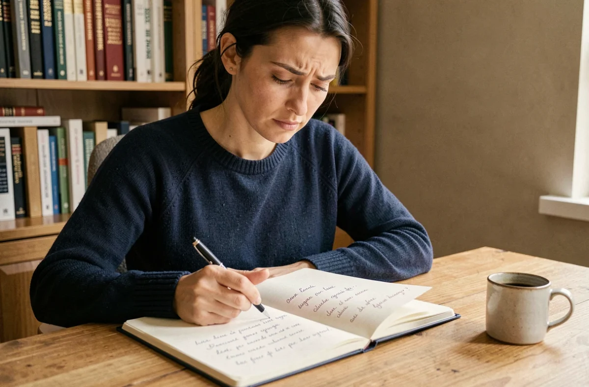 Femme réfléchissant à l'orthographe française en écrivant dans un carnet sur un bureau en bois