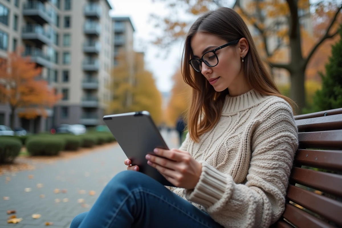 Jeune femme au parc utilise une tablette pour contourner un site