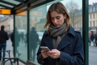 Jeune femme regardant son smartphone à un arrêt parisien
