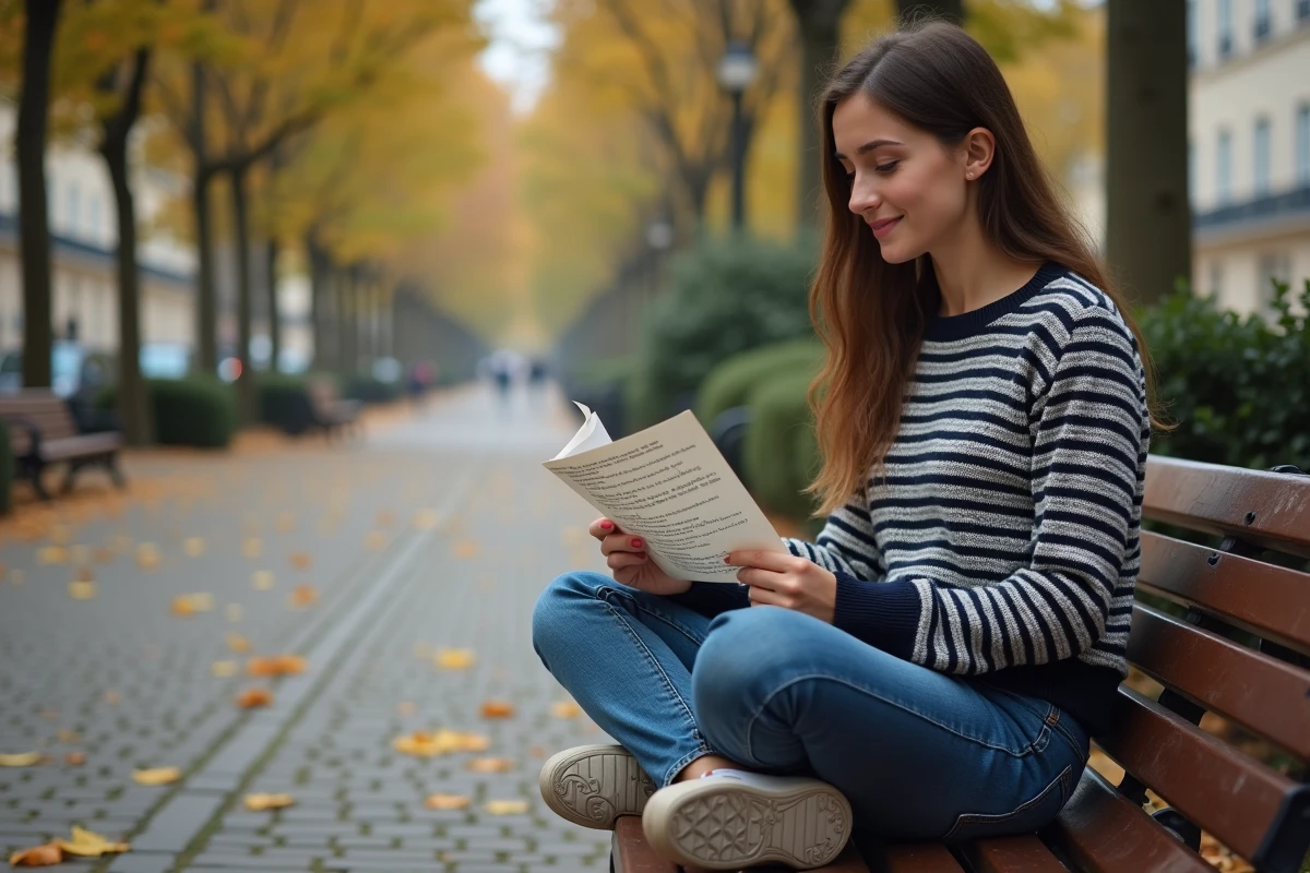 Femme lisant des paroles de chanson française sur un banc dans un parc parisien en automne