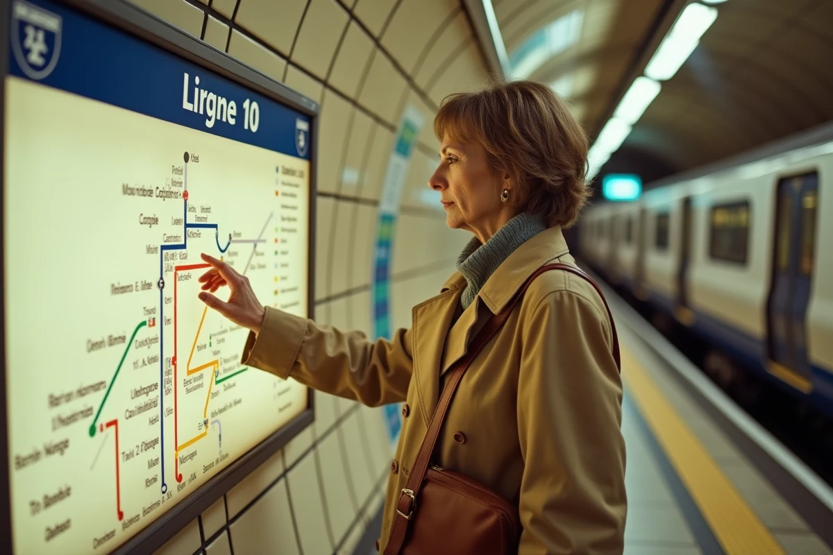 Femme consultant le plan de la ligne 10 du métro parisien sur le quai