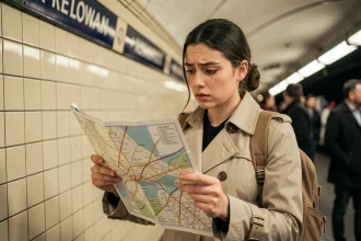 Jeune femme tenant un plan du métro de Paris dans une station, étudiant les lignes avec attention