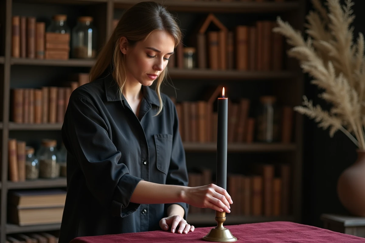 Femme pratiquante plaçant une bougie noire dans un chandelier en laiton lors d'un rituel ésotérique à la maison