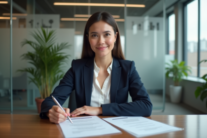Femme en blazer dans un bureau moderne et lumineux