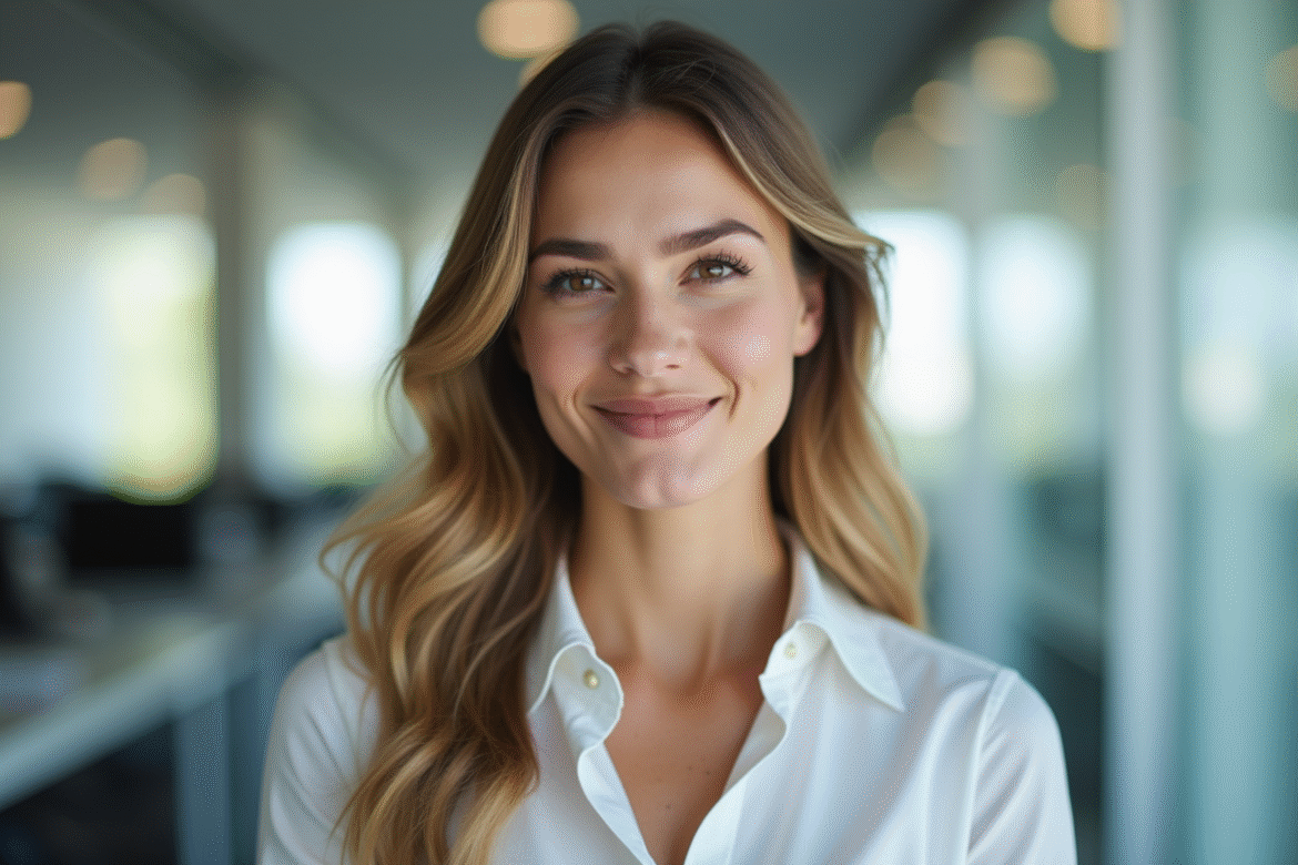 Femme professionnelle souriante dans un bureau lumineux