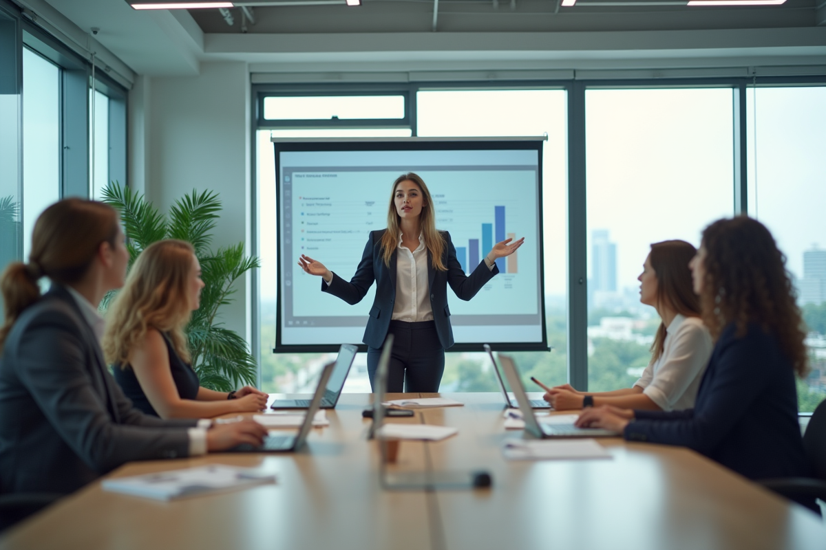 Jeune femme professionnelle montrant un graphique dans un bureau