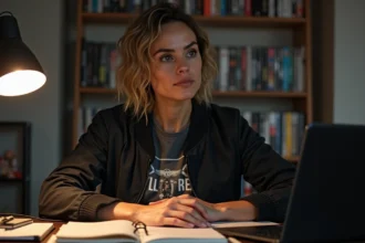 Femme pensive dans un appartement urbain avec souvenirs de films