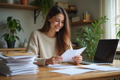 Jeune femme souriante lisant une lettre dans son appartement