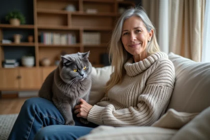 Femme assise avec un chat russe dans un salon moderne