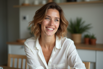 Femme souriante en intérieur dans une ambiance chaleureuse