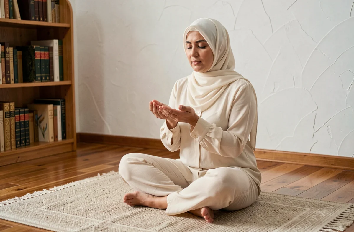 Femme portant un hijab ivoire en position de supplication sur un tapis de prière, illustrant la pratique de la Duaa Istikhara à domicile