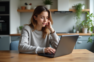 Jeune femme compare deux tablettes dans une cuisine moderne