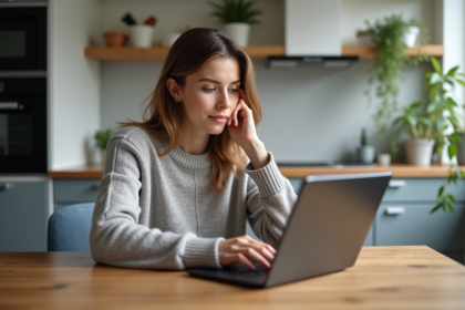 Jeune femme compare deux tablettes dans une cuisine moderne