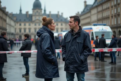 Femme en imperméable parlant à un jeune homme devant la police à Caen