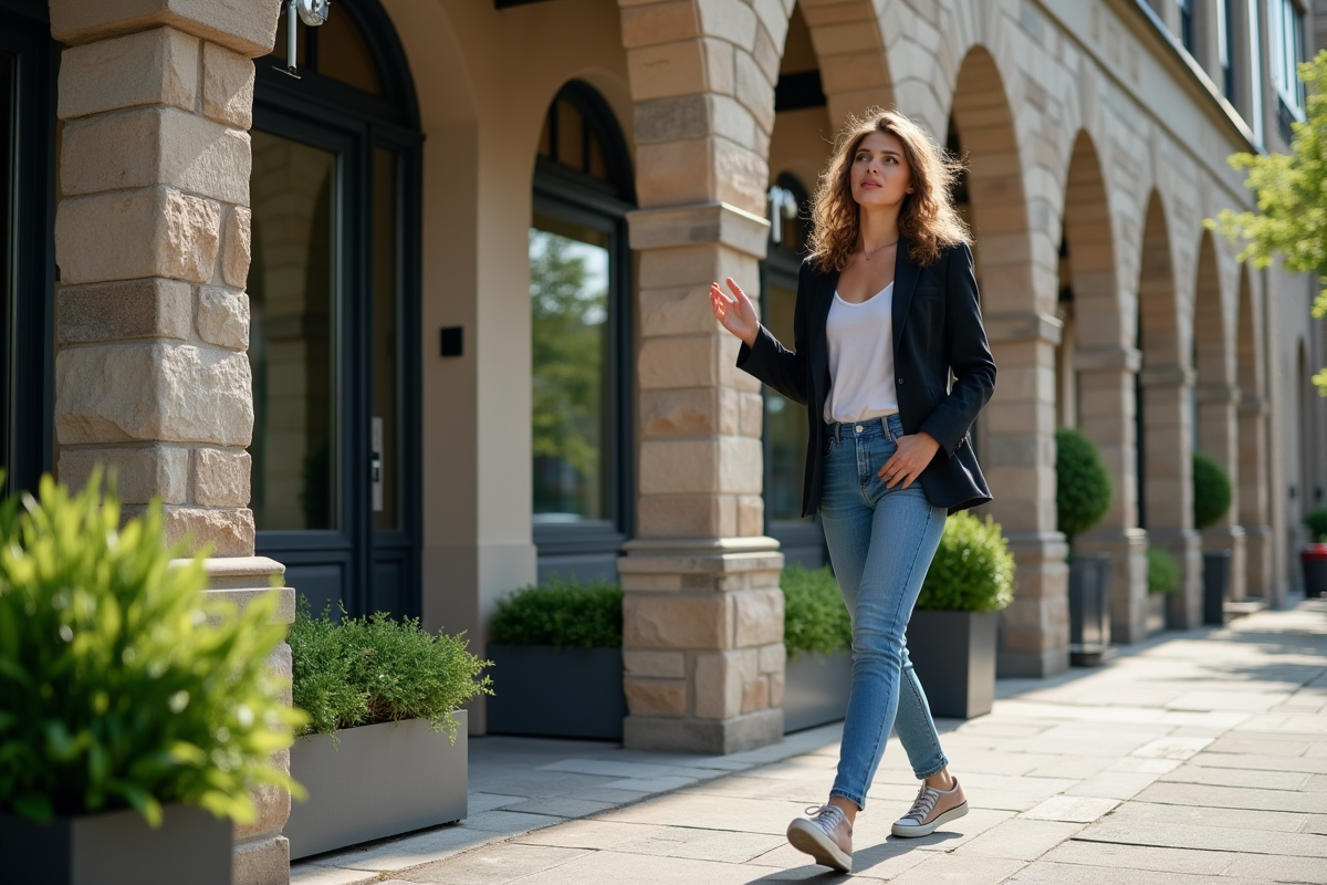 Jeune femme marche devant bâtiment rénové en ville