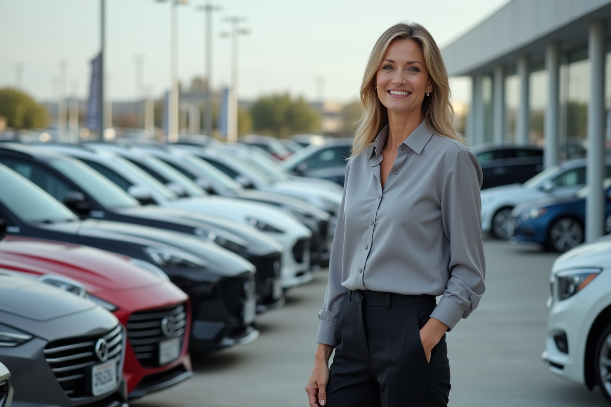 Femme vendeuse de voitures debout à côté de véhicules en extérieur