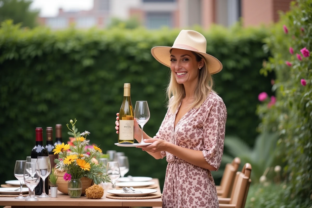 Femme souriante organisant une dégustation de vin dans un jardin