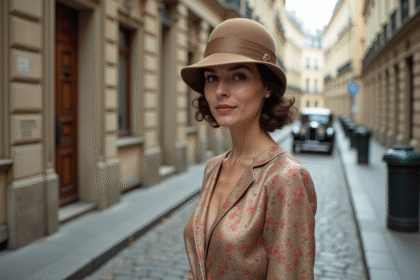 Femme élégante en robe vintage à Paris