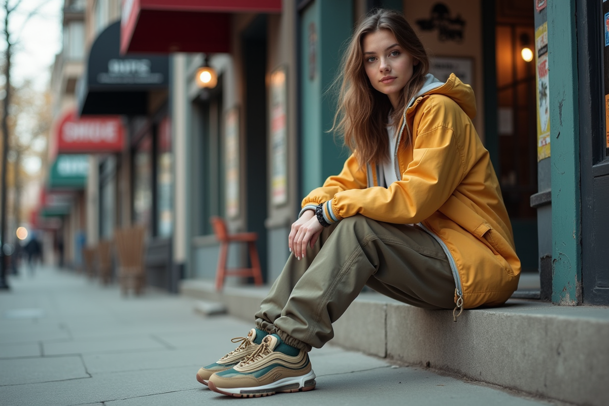 Jeune femme en vintage devant un skate shop en ville