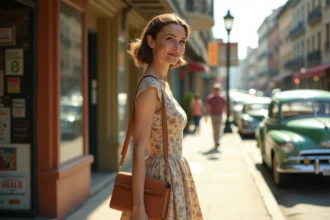 Femme élégante en robe vintage dans la ville