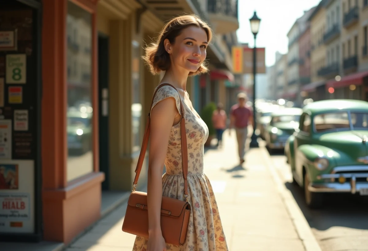 Femme élégante en robe vintage dans la ville