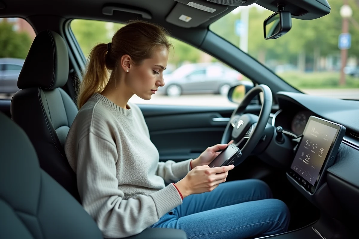 Jeune femme examinant un module électronique dans la voiture