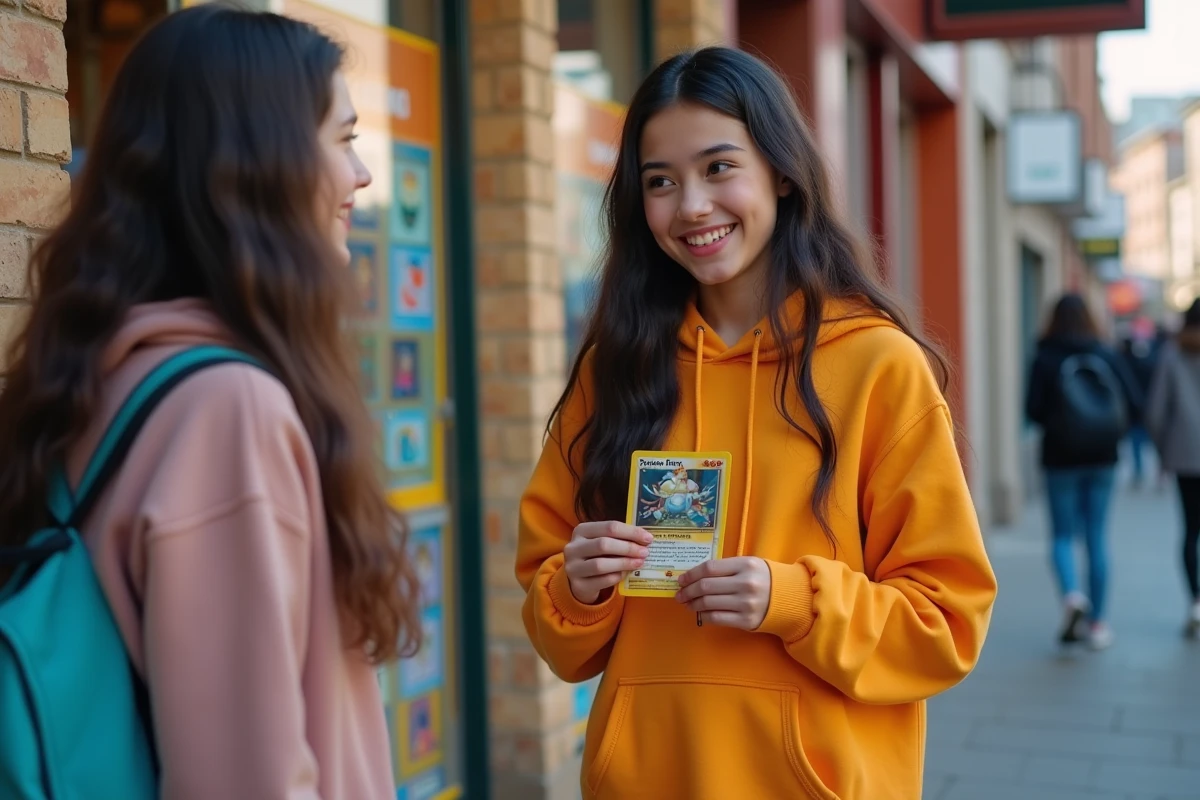 Adolescente montre sa carte Pokémon à une amie devant un magasin