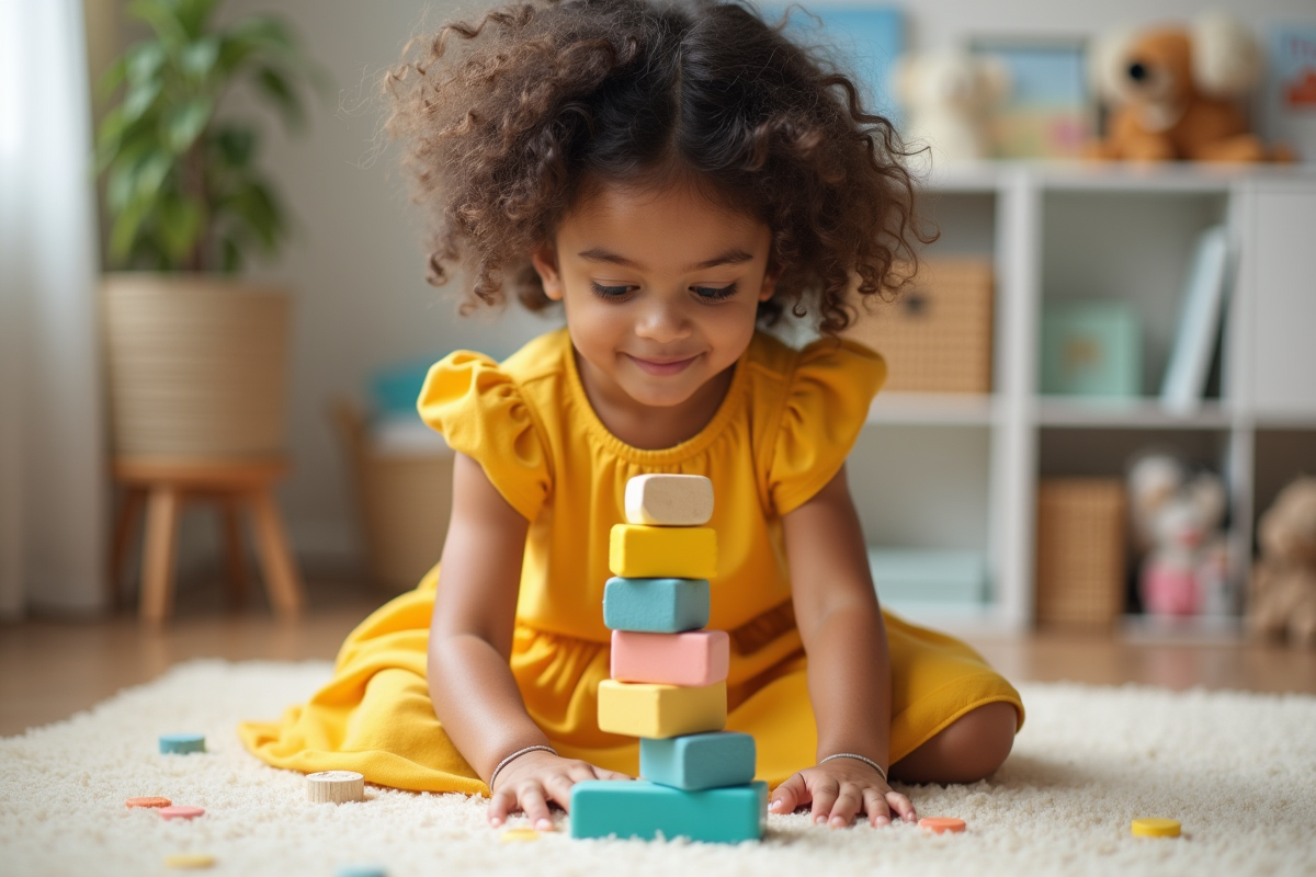 Jeune fille de 6 ans construisant une tour en bois colorée