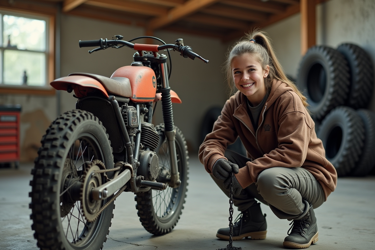 Fille souriante vérifiant la chaîne de sa moto en garage