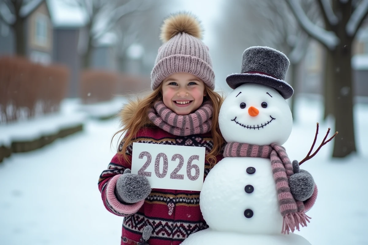 Fille avec panneau 2026 et bonhomme de neige en hiver
