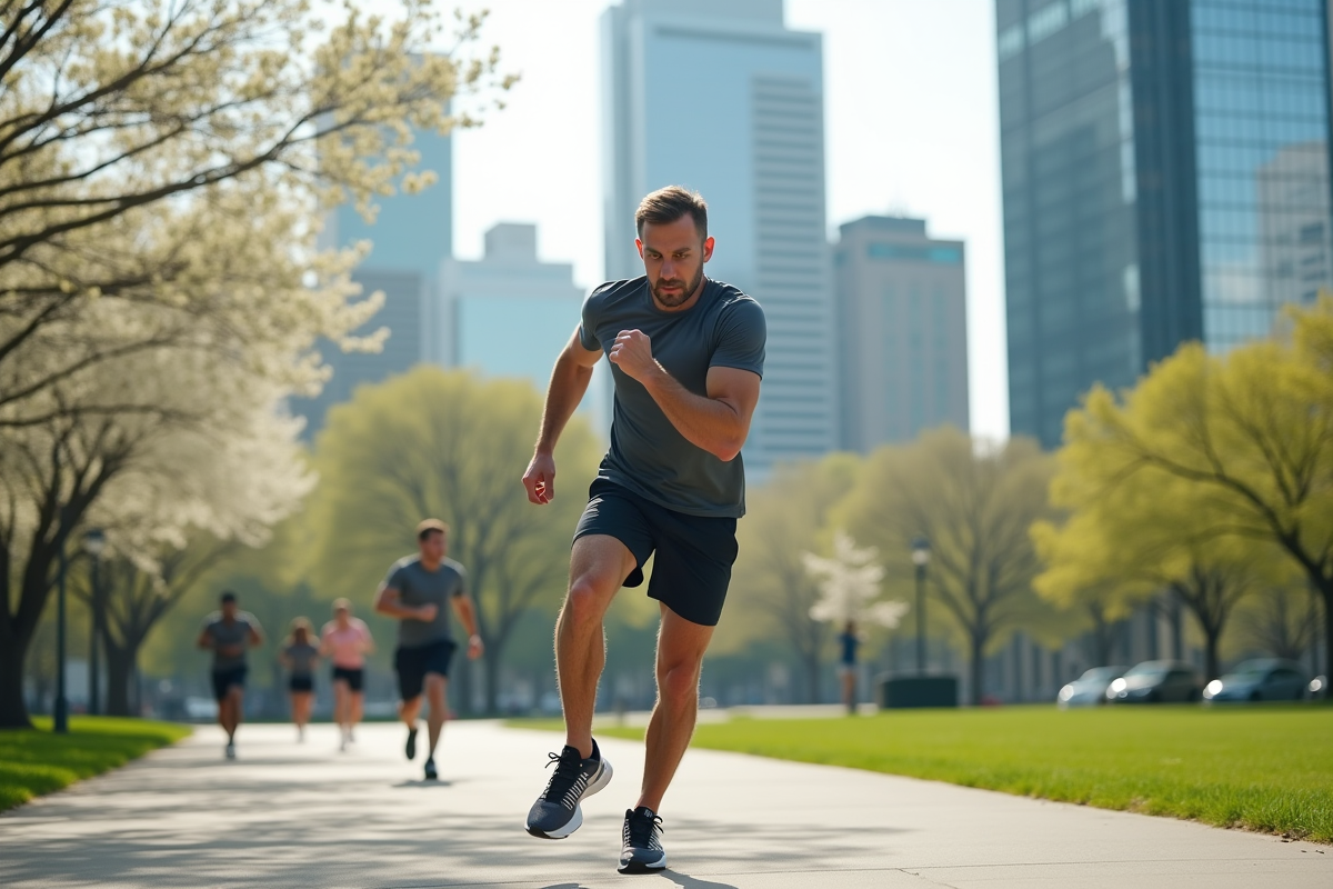 Homme en fitboxing dans un parc urbain au printemps