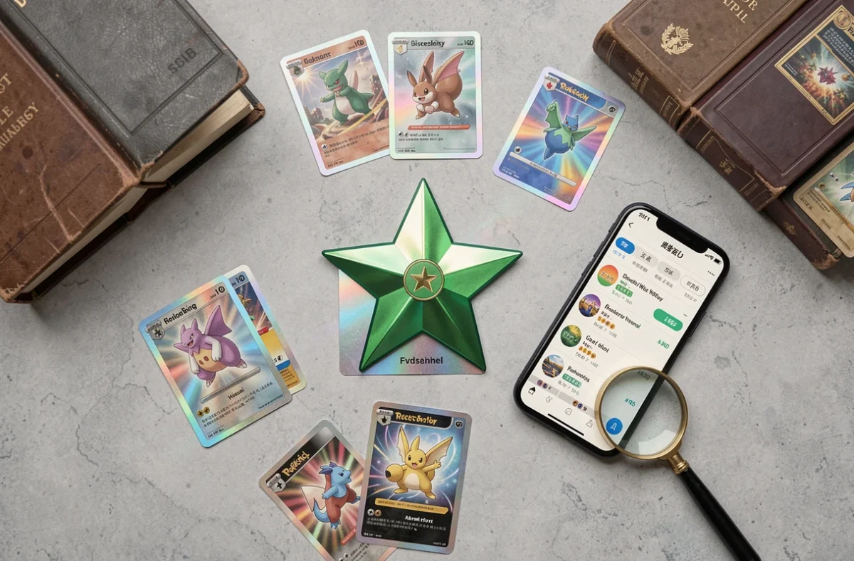 Vue en plongée d'un ensemble de cartes Pokémon holographiques avec smartphone affichant des prix de marché pour estimer la valeur d'une Celebi Star