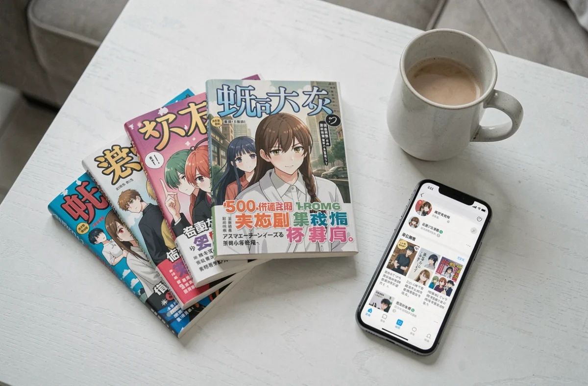 Volumes de manhwa et smartphone avec application webtoon sur une table blanche en vue de dessus