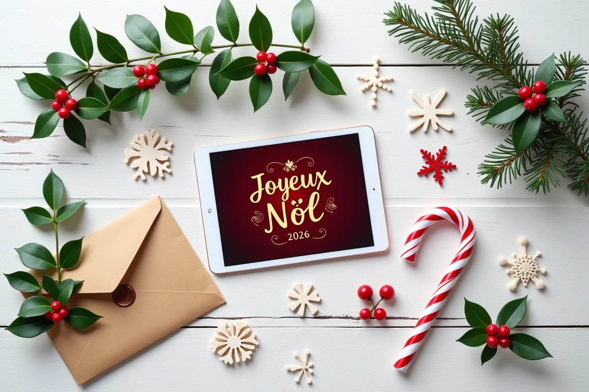 Flat lay d'une tablette affichant une signature email joyeux Noël 2026 entourée de décorations festives sur bois blanc