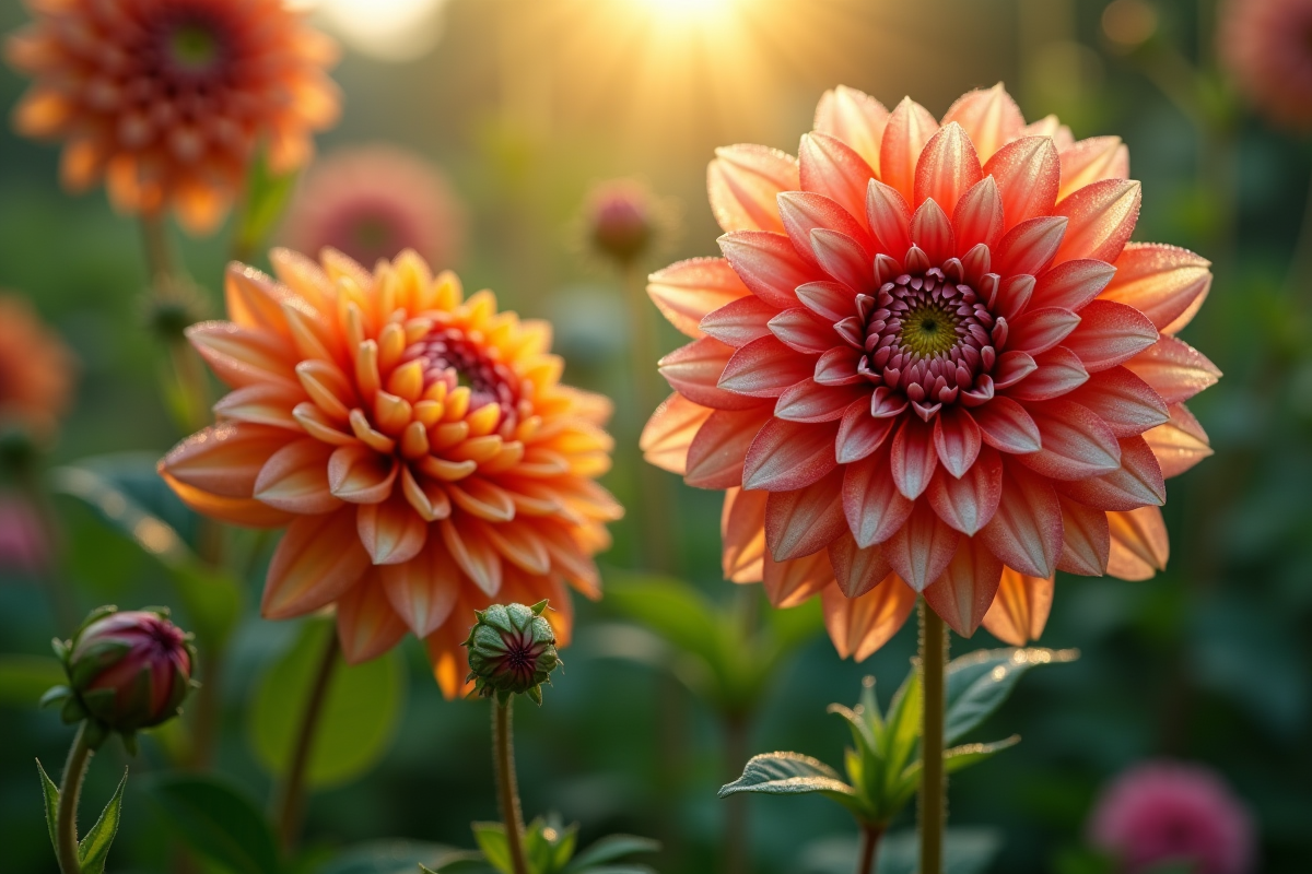 Fleurs de dahlias et daphne avec rosée au matin dans le jardin