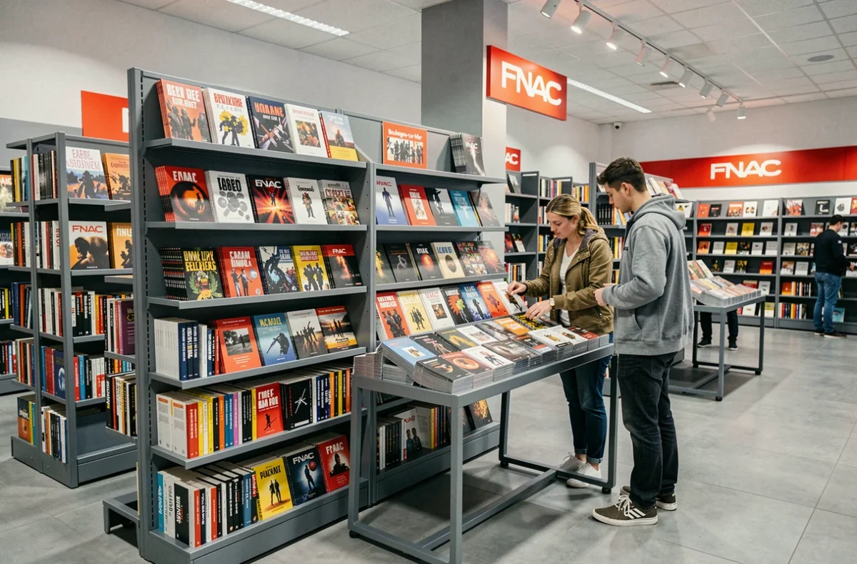 Rayon livres de la FNAC de Boulogne-sur-Mer avec un couple parcourant les nouveautés sur une table de présentation