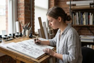 Jeune femme dessinatrice travaillant sur ses illustrations dans un studio créatif professionnel