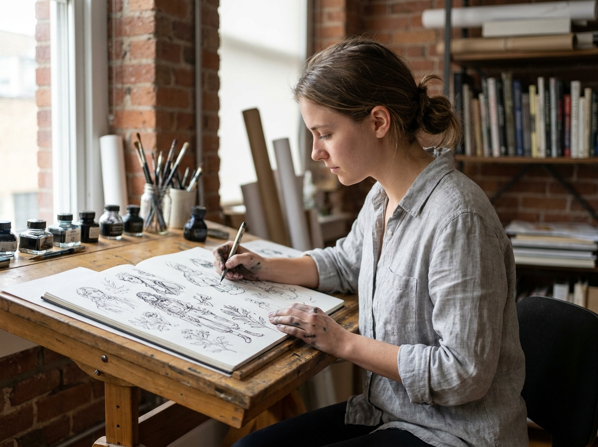 Jeune femme dessinatrice travaillant sur ses illustrations dans un studio créatif professionnel