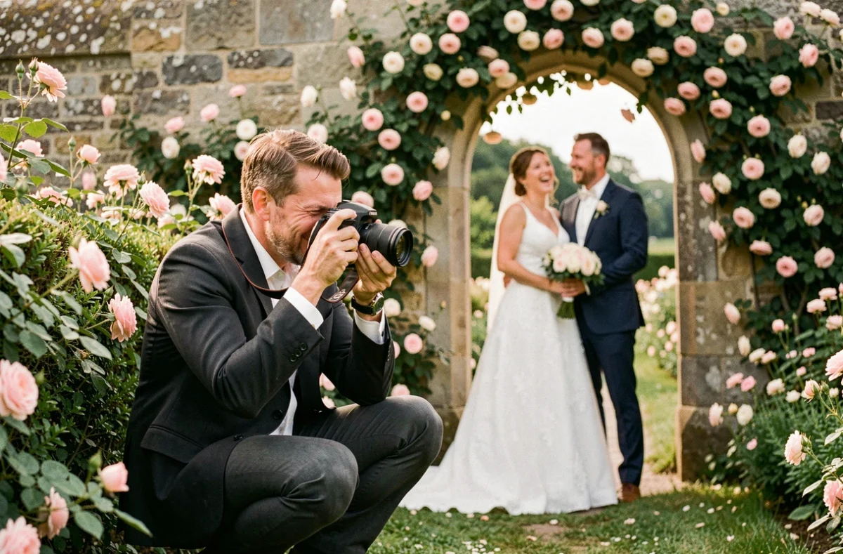 Franck Barbe photographe mariage capturant un moment spontané entre mariés dans un jardin de la Somme