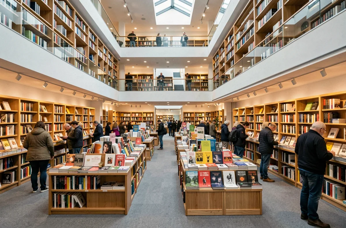 Grande librairie moderne Le Furet du Nord avec ses larges allées organisées et ses clients parcourant les rayons sur plusieurs niveaux
