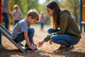 Jeune garçon de 7 ans attache sa chaussure avec sa mère à côté