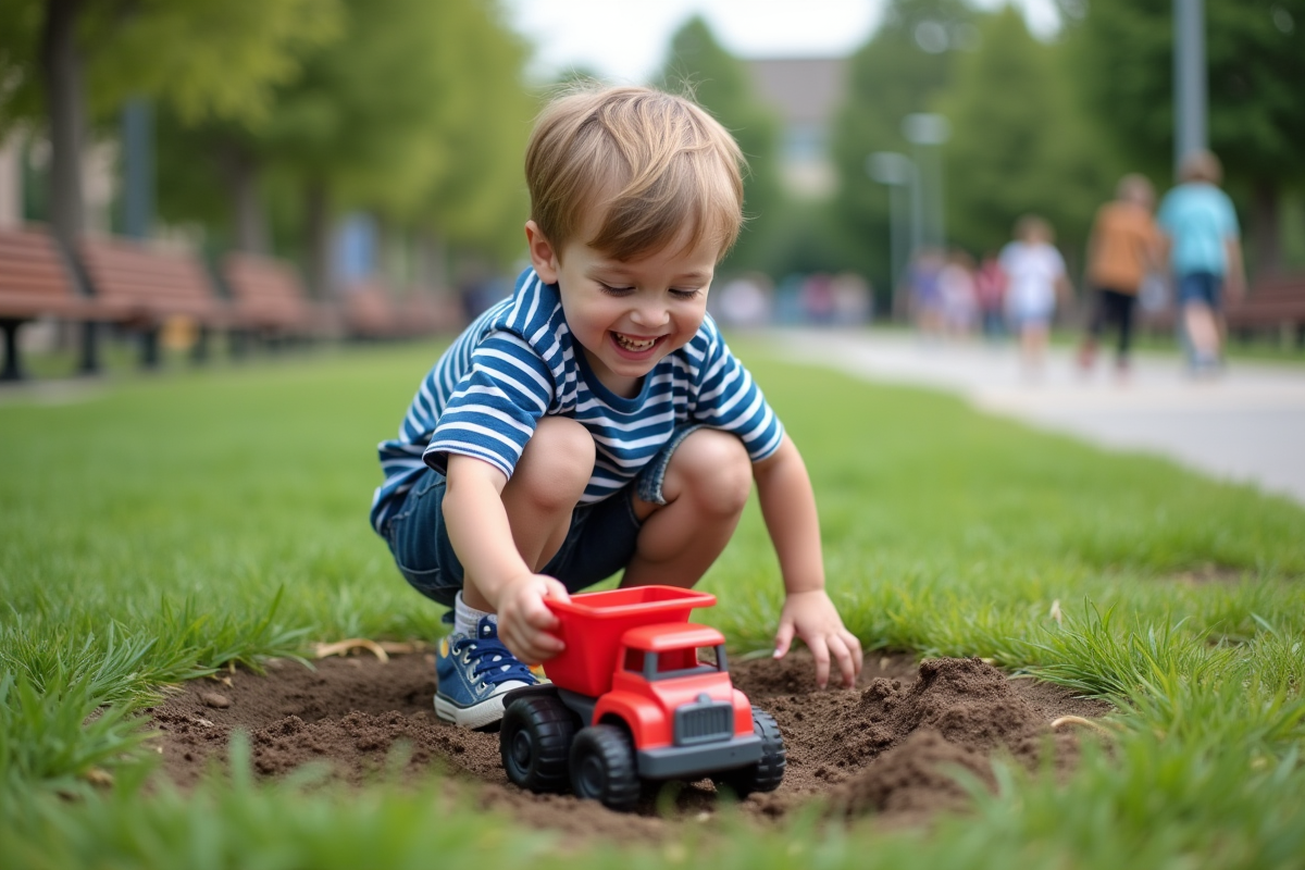 Garçon de 5 ans jouant avec un camion en plein air