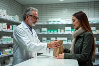 Pharmacien aidant un client en pharmacie de garde